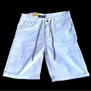NEW UNISEX Southland White Denim Long 5 Pocket Shorts w/ Black + White Tie Waist